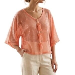 Pretty Angel Womens Coral Pink Open Knit Mesh Sequin Button Front Cardigan L